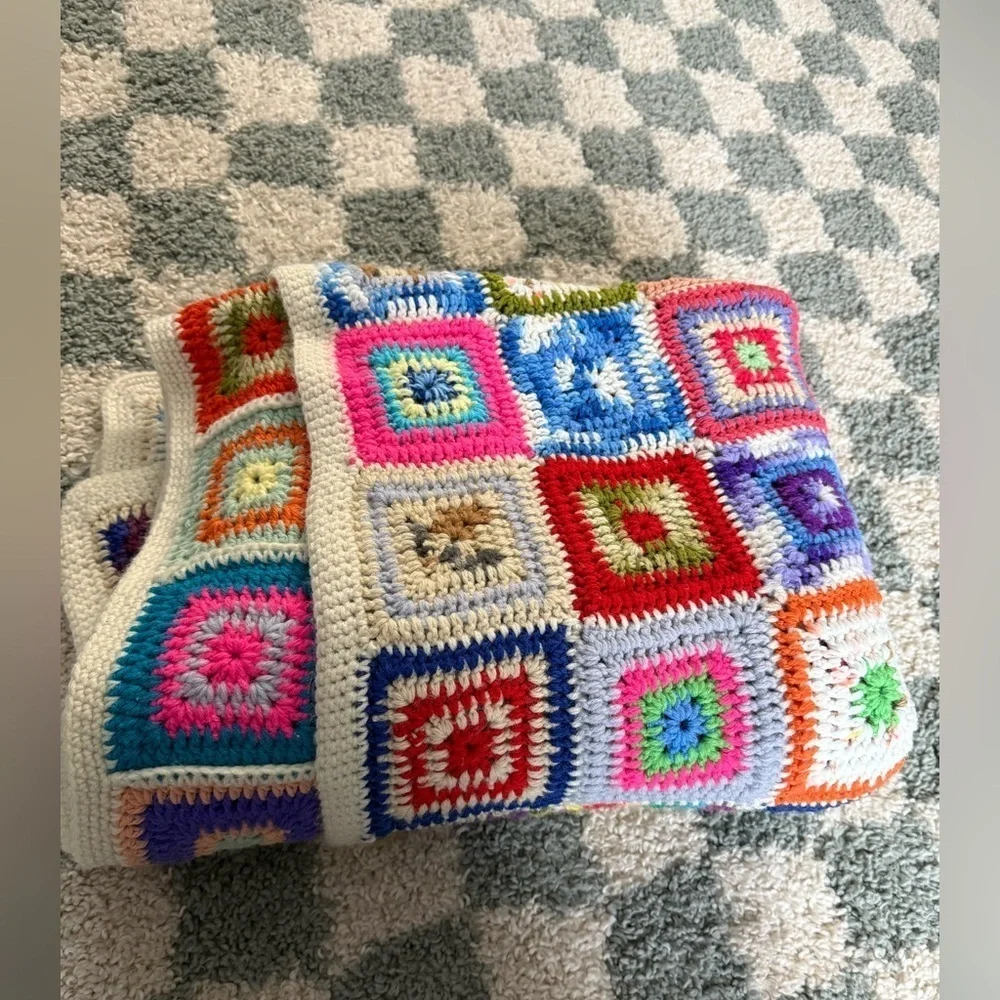 VTG Granny Square Blanket Afghan Crochet Hand Made Patchwork Multi Color Amish
